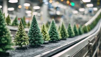 Miniature Christmas trees on a production line