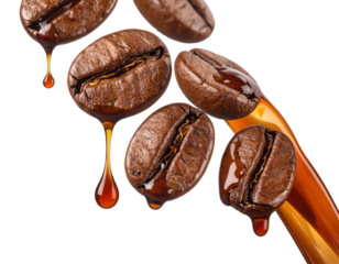A close-up view of coffee beans with syrupy drops, showcasing rich textures and colors, perfect for coffee enthusiasts and culinary arts.