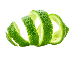 A vibrant green lime peel spirals elegantly, showcasing its textured surface and bright color in a striking composition.