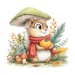 Cute squirrel holding a pumpkin and standing under a mushroom in a colorful autumn scene with leaves and plants