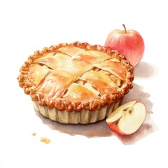 Delicious apple pie with a golden crust and fresh apples on a clean surface