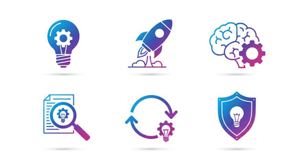 Set of creative idea icons, including lightbulb, rocket, brain, document, cycle, and shield, representing innovation and problemsolving