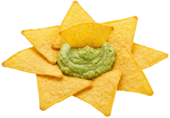 Pile of yellow tortilla chips with guacamole isolated on transparent background, appetizer for party and snack food