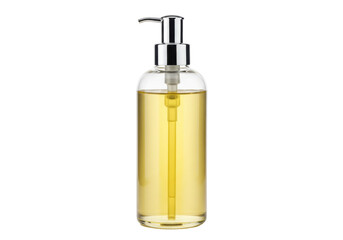 Clear glass bottle with yellow liquid isolated on transparent background, dispenser with pump for soap, lotion, or oil PNG
