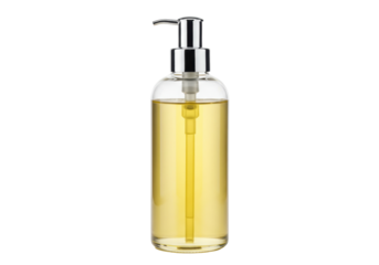 Clear glass bottle with yellow liquid isolated on transparent background, dispenser with pump for soap, lotion, or oil PNG