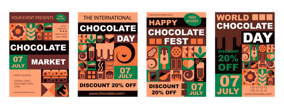 Set of poster templates for chocolate day, shop promotions, or sweet festivals in geometric design