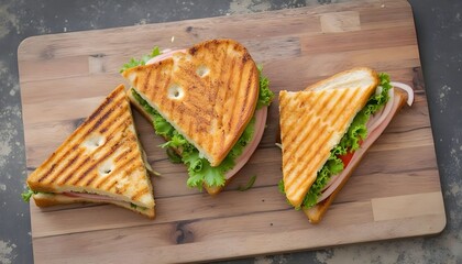Crispy grilled sandwiches served on a wooden cutting board with fresh ingredients and a warm, inviting appearance Generative AI