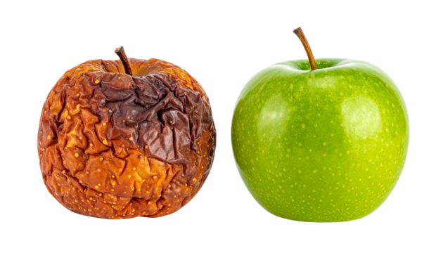 A fresh green apple next to an overripe, shriveled brown apple, highlighting the contrast between freshness and decay.