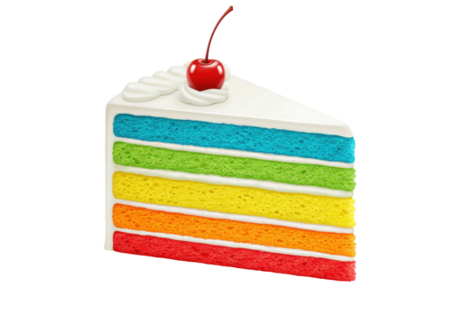 Colorful rainbow cake slice with cherry isolated on transparent background, delicious dessert for birthday party and celebration