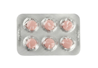 Blister pack with pink round pills isolated on white, medication for healthcare and pharmaceutical use