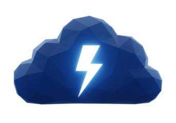 Low poly blue cloud with lightning bolt isolated PNG, modern digital weather icon on transparent background