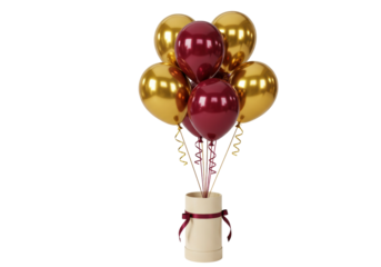 Festive gold and burgundy balloons in a gift box isolated, party decoration for birthday celebration on no background PNG