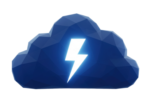 Low poly blue cloud with lightning bolt isolated PNG, modern digital weather icon on transparent background