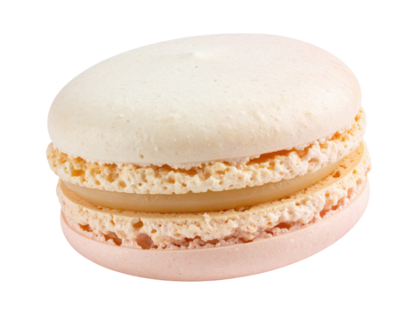 A delicate macaron featuring a crisp outer shell with a creamy filling, showcasing a light color palette.