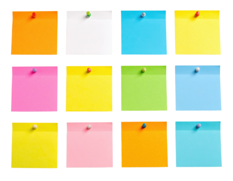 A collection of colorful sticky notes arranged in a grid pattern, featuring a variety of hues and push pins.