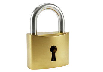 Fototapeta premium Brass padlock isolated on white, security lock for safety and protection, metal hardware for securing valuables