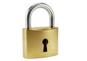 Brass padlock isolated on white, security lock for safety and protection, metal hardware for securing valuables