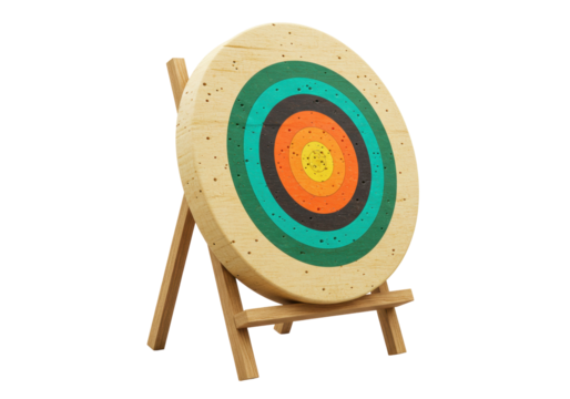 Wooden archery target with colorful concentric circles isolated on white, sport equipment for recreation and competition