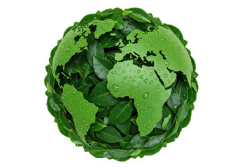 Green earth made of leaves isolated on transparent background, ecological concept for environmental protection and sustainability