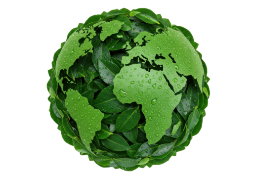 Green earth made of leaves isolated on transparent background, ecological concept for environmental protection and sustainability