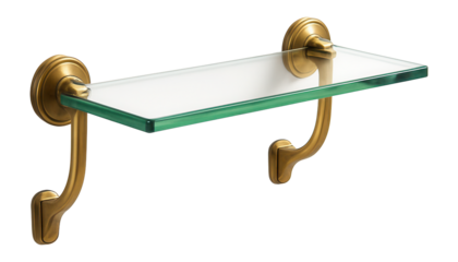 Wall-mounted glass shelf with brass supports, perfect for showcasing perfumes in style.