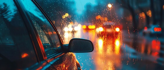 Rainy night city view seen through a car window