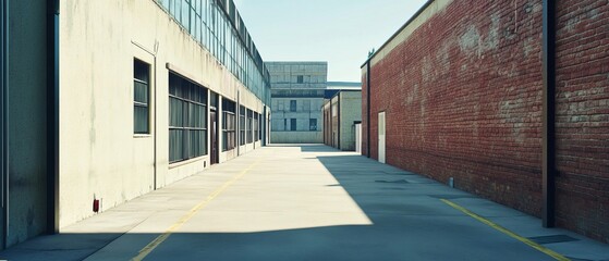 Empty industrial alleyway with light beige and red brick buildings