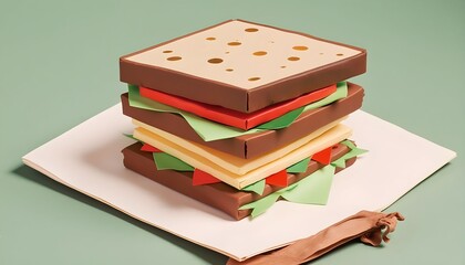 Creative paper sandwich stack made with colorful layers of paper resembling bread, cheese, lettuce, and tomatoes set on a light green background Generative AI