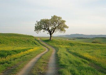 Scenic country road winds through a grassy valley, a lone tree at the center