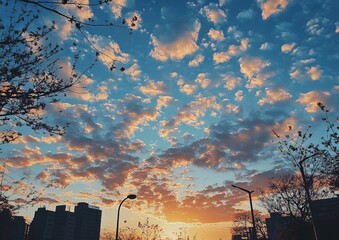 Sunset clouds over city skyline