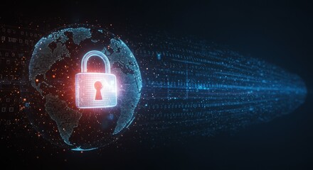 Digital Padlock Symbol Glows On Abstract Futuristic Globe Network Background With Data Stream
