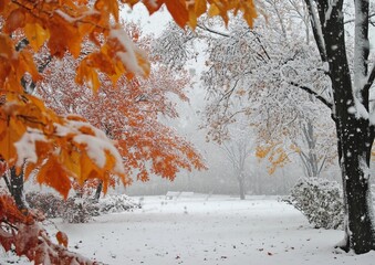 Autumn leaves under a fresh snowfall