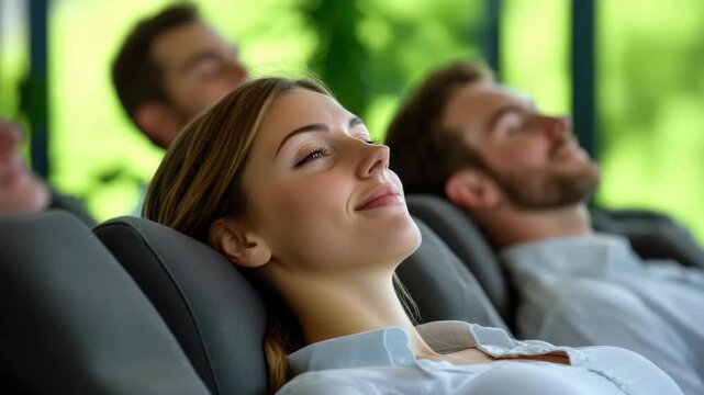 People in meditation pose with eyes closed, enjoying deep relaxation.