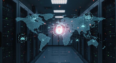 Digital World Map Security Network Server Room with Glowing Lock Icon and Data Connections