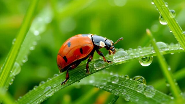 A ladybug with a red shell and black spots crawls on a green blade of grass, covered in water droplets. Blurry green background