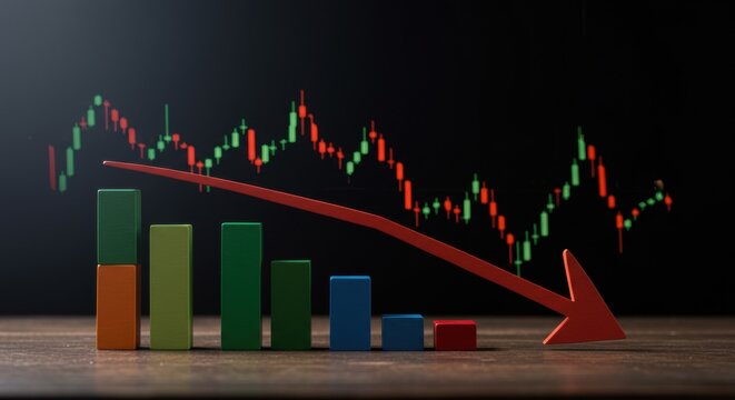 Financial stock market chart shows a downward trend with colorful bar graph and red arrow indicating loss on a dark background