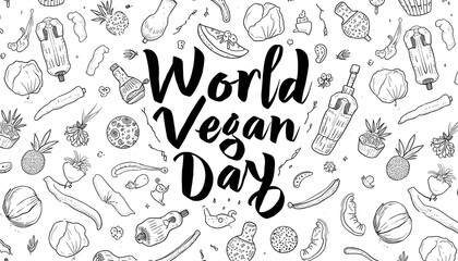 Celebrating plant-based choices on World Vegan Day with colorful illustrations of fruits, vegetables, and bottles promoting a sustainable lifestyle Generative AI