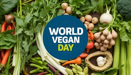 Celebration of World Vegan Day with a colorful display of fresh vegetables and herbs highlighting plant-based eating and lifestyle choices Generative AI