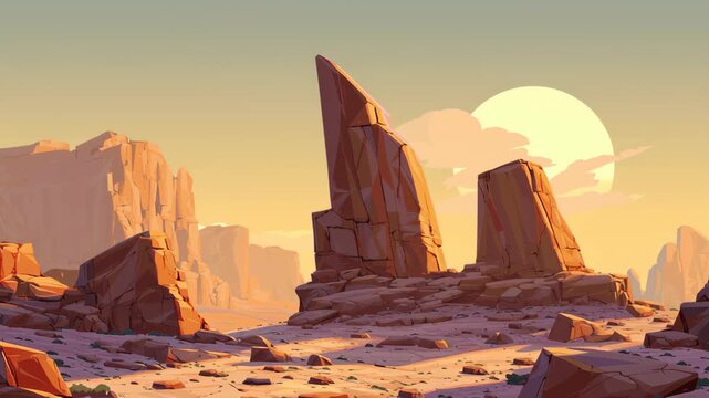 A desert scene with a large rock formation and a large rock. The sky is orange. Stylized canyon scene, angular rock formations, warm sunset gradient, mid century modern landscape minimalist style