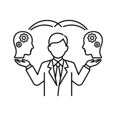 Business man balances two heads with gears symbolizing thought and ideas