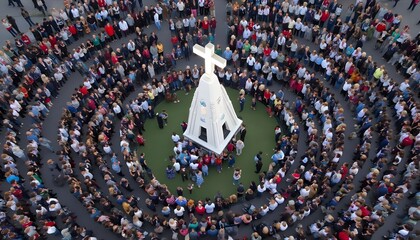 Crowds gather around a large white monument with a cross during a community event in a public square on a sunny afternoon Generative AI