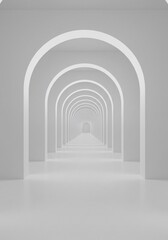 Fototapeta premium Minimalist white architectural corridor with repeating arches leading to a vanishing point perspective