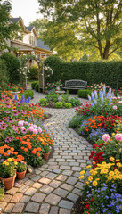 Obraz premium A vibrant garden path surrounded by colorful flowers, leading to a cozy bench and a home, under a sunny sky and lush greenery.