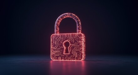 Glowing Red Digital Padlock Icon With Circuit Board Pattern On Dark Background With Blue Lighting