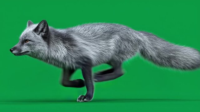 Silver fox running across a green screen in a side view with its tail extended straight back green screen video