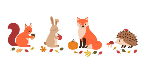 Cute autumn fox, squirrel, hedgehog and hare sitting with fallen leaves. Cute cartoon vector characters set illustration