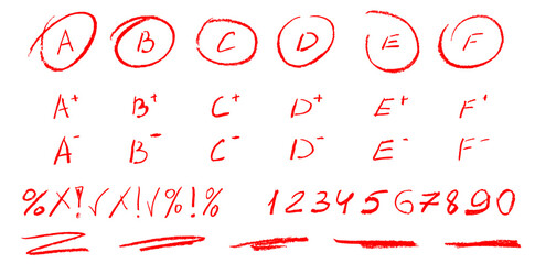 Red crayon grade and check mark. Handwriting score in circle, scribble line and number for student exam in school. Brush painting with homework grading, cross and c letter isolated illustration.