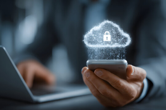 Hand Holding a Smartphone with a Glowing Cloud Icon Featuring a Padlock in the Center. Concept of Cloud Security, Data Protection, Mobile Encryption, and Secure Digital Storage

