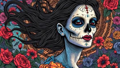 Colorful sugar skull woman with flowing hair surrounded by vibrant flowers representing Day of the Dead celebrations in a traditional artistic style Generative AI