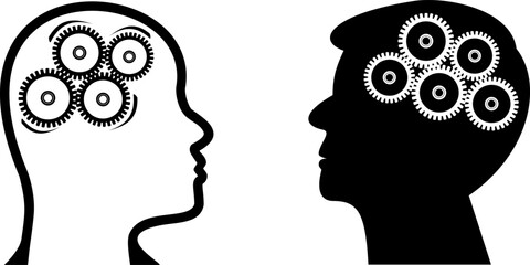 The thinking process. The silhouette of a human head with gears. Thinking, an idea.